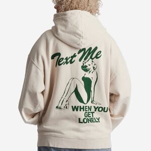 Lonely Ghost Text Me When You Get Lonely Green Pinup Graphic on Cream Hoodie M